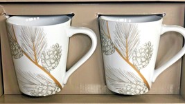Beautiful Set of 2 Mugs St Nicholas Square White Silver Gold Pine Cone - $39.59