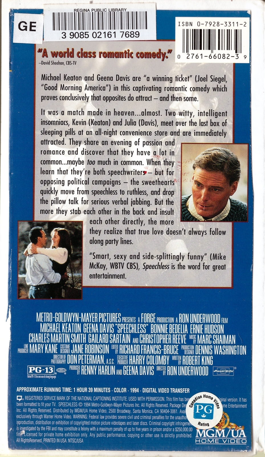 Speechless VHS Michael Keaton Geena Davis Christopher Reeve Bonnie ...