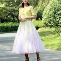 Rainbow Color Tulle Skirt Holiday Outfit Women Rainbow Stripe Tulle Maxi Skirt  image 3