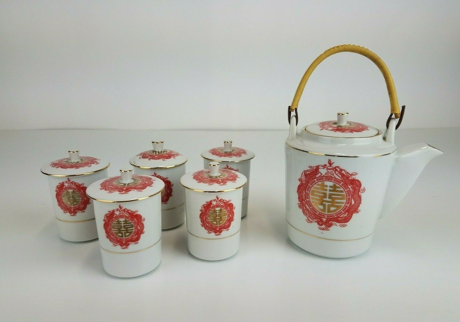 Tatung Chinese Fine China Tea Saki Set 12 Piece Hand Painted Red Gold Trim EUC Teapots & Tea Sets