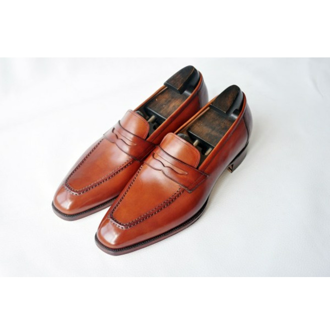 Handmade - Tan apron toe pull on penny loafer genuine leather men's made to order shoes