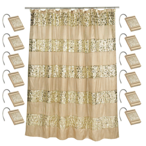 Solid Gold Sequin Glam Shower Curtain Fabric Bathroom Hooks 72 in