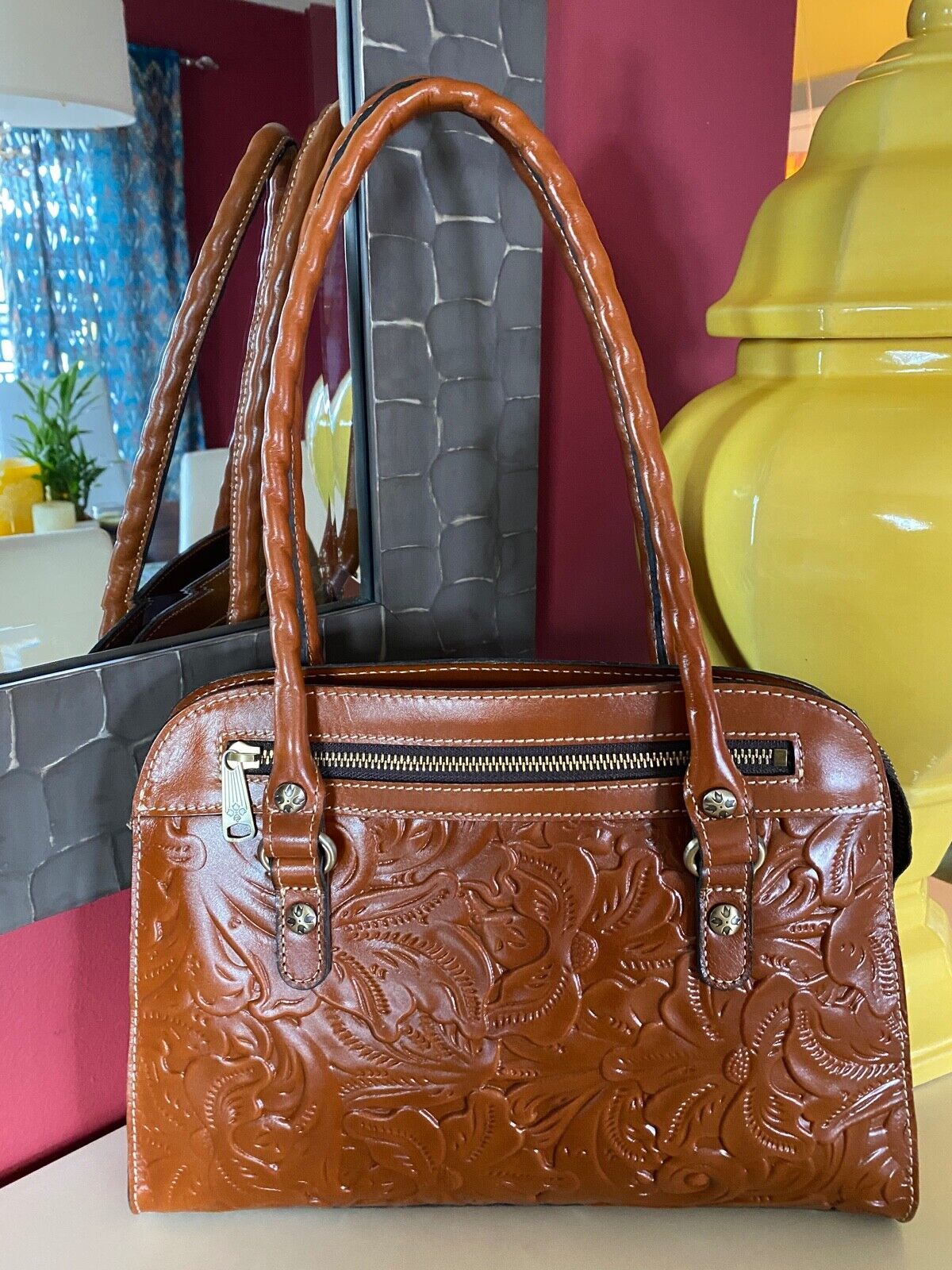 Patricia Nash Calvi Satchel Crossbody Tooled Leather FlorenceBrown NWT