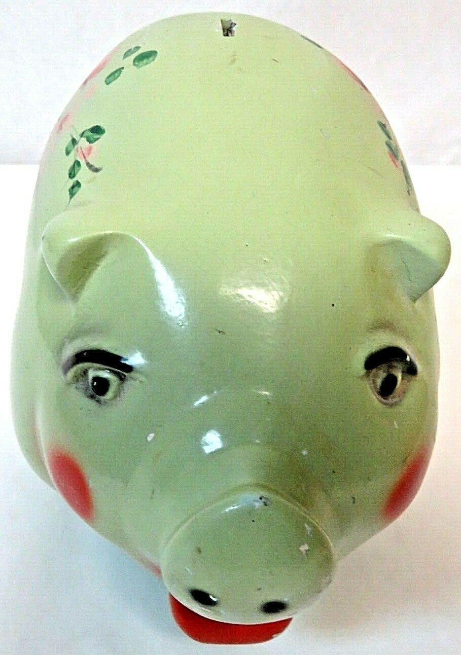 Antique Vintage 1946 United Gift Mfg Co Large Green Ceramic Piggy Bank