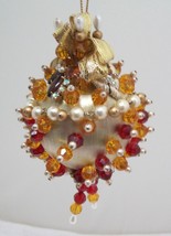 Jeweled &amp; Beaded Christmas Ornament Ball Rhinestone Red Amber Retro Midc... - $18.32