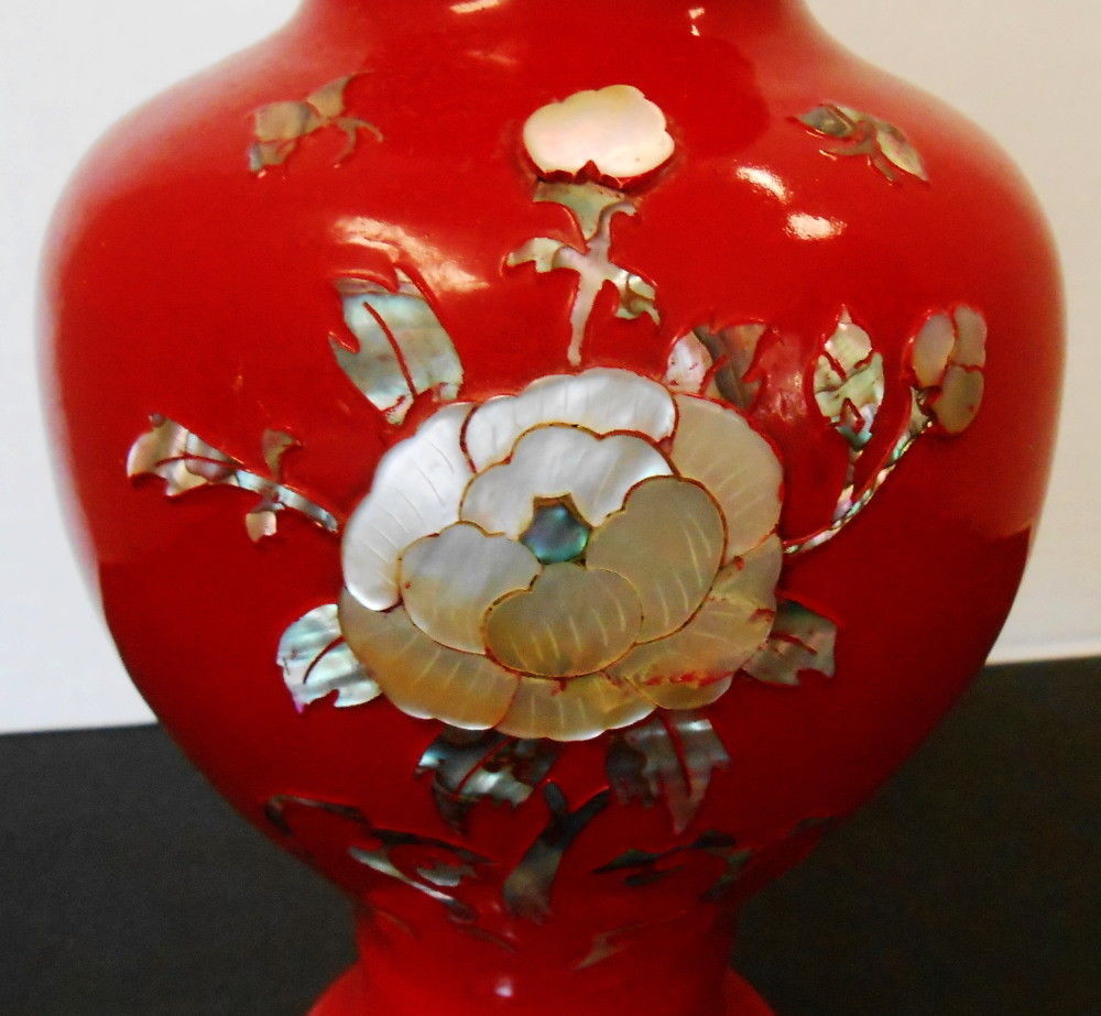 RED ENAMEL LACQUER OVER BRASS MOTHER OF PEARL INLAY VASE 8 1/4” TALL
