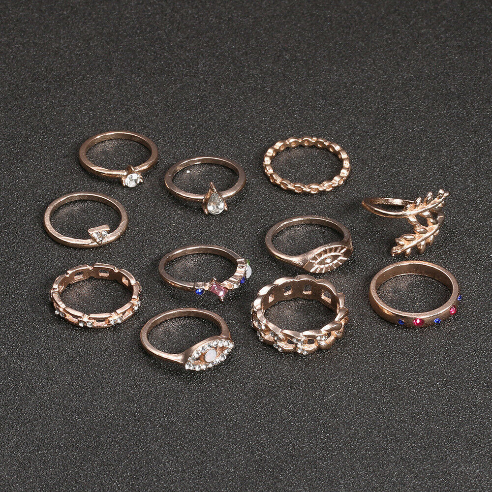 5Pcs/Set Rose Gold Silver Crystal Stackable Ring Rings Vintage Boho Jewelry Gift