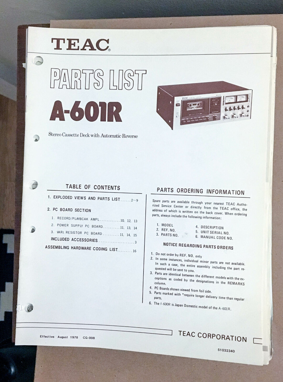 Teac A601R Cassette Deck Parts List *Original* 1 Vintage Manuals