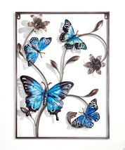 Butterfly Wall Plaque Blue Grey 3D Metal Frame 24" H Flowers Garden Home Decor