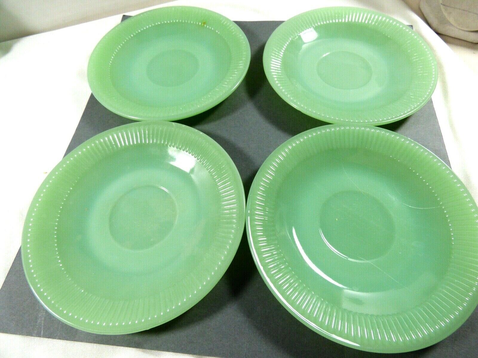 set of 4 Oven Ware Fire King Jadeite Jane Ray saucer green ribbed dinnerware USA Pottery & Glass