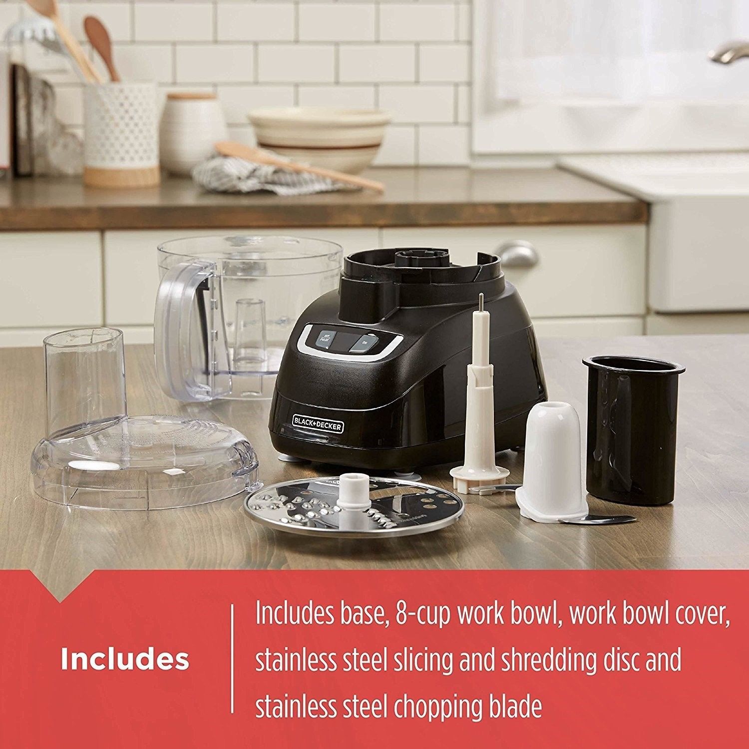 8 Cup Food Processor, Black, Stainless Steel Chopping Blade, Food Chute