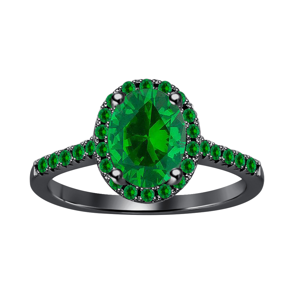 3.20 CT Oval Green Emerald 14K Black Gold Over 925 Silver Halo Engagement Ring