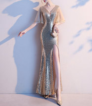 Women Gold Sequin Dress Cap Sleeve High Slit Sequin Maxi Wedding Dress,Plus Size image 5