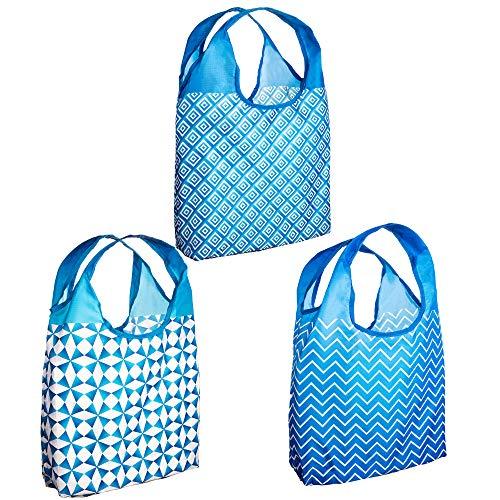 O-WITZ Reusable Shopping Bags, Ripstop, Folds Into Pouch, 3 Pack, Classic Blue,