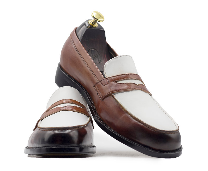 Men's Handmade White Brown Leather Round Toe Loafers, Mens Fashion Party Loafers