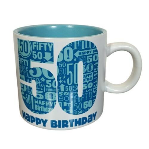 Primary image for Hallmark Stoneware Happy 50th Birthday Coffee Mug Cup Blue Teal White Birthday