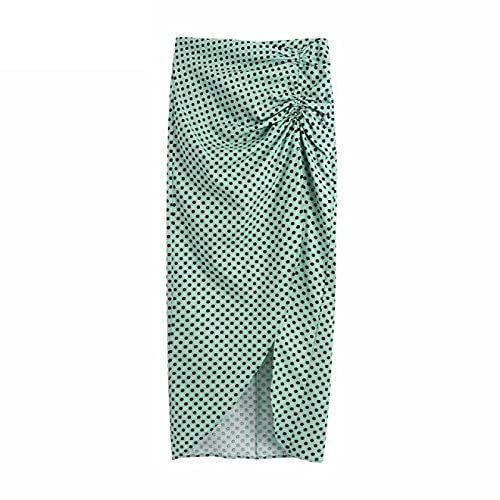 Women Vintage Dots Print Side Pleats Irregular Linen Midi Skirt Female Back Zipp