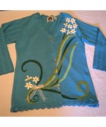 Blue w White Flowers Cardigan Sweater Storybook Knits Sz L Embellished Buttons - $29.02