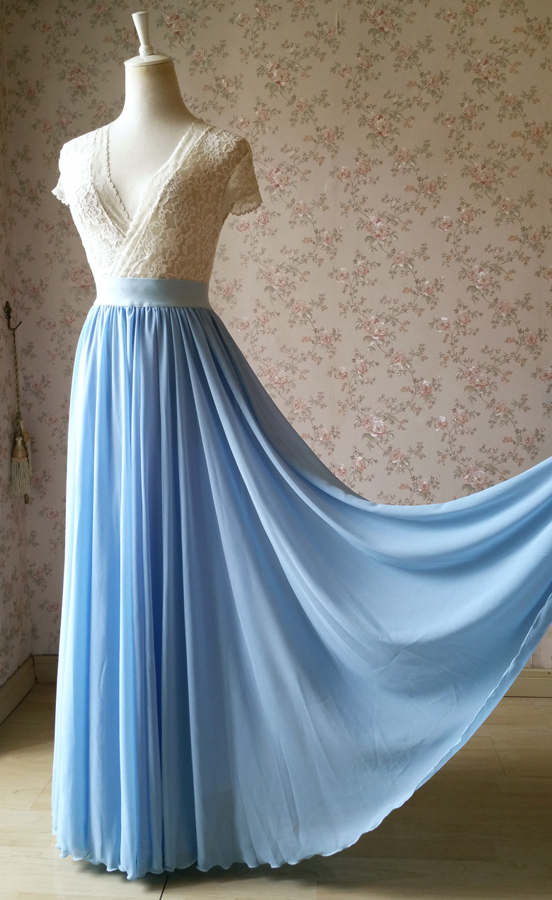 Blue Wedding Chiffon Skirt Flowy Blue Bridesmaid Chiffon Skirts Plus Size Chiffon Top And Skirts 4119
