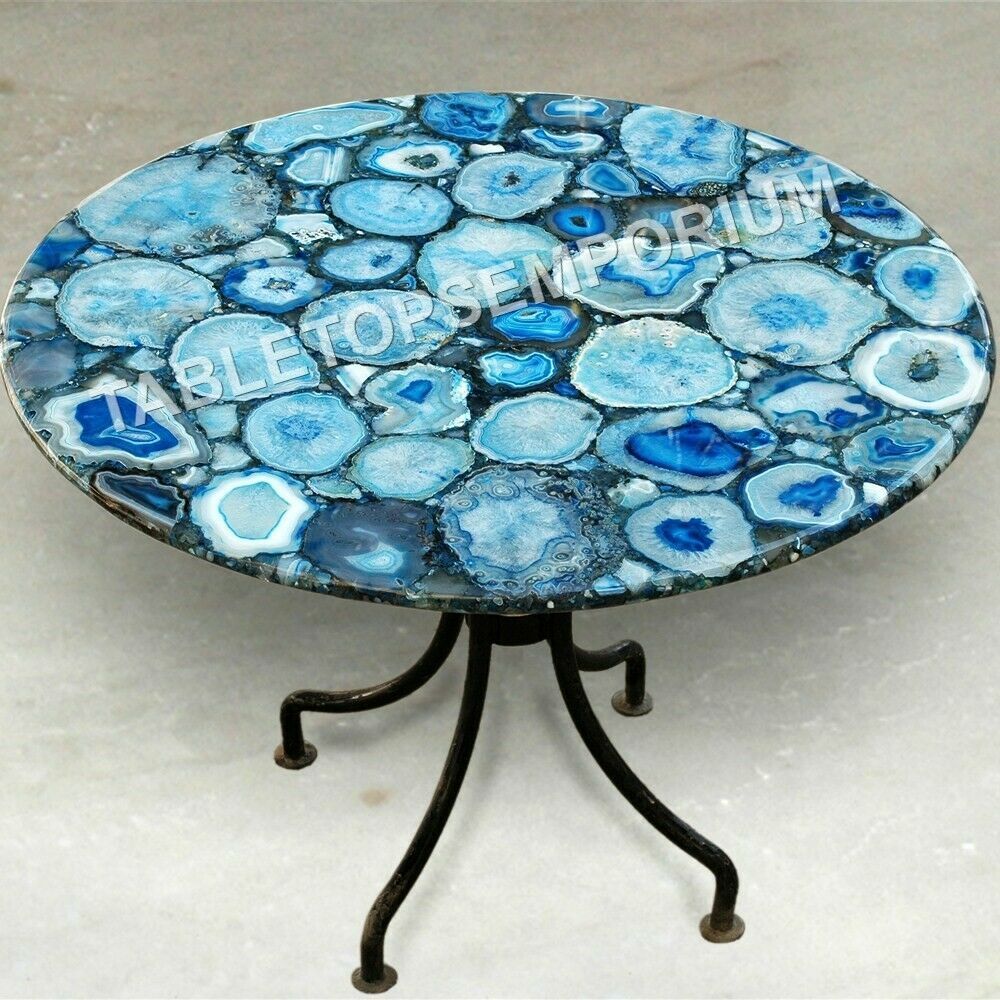 Blue Agate Marble Top Coffee Dining Table Top Handmade Art ...