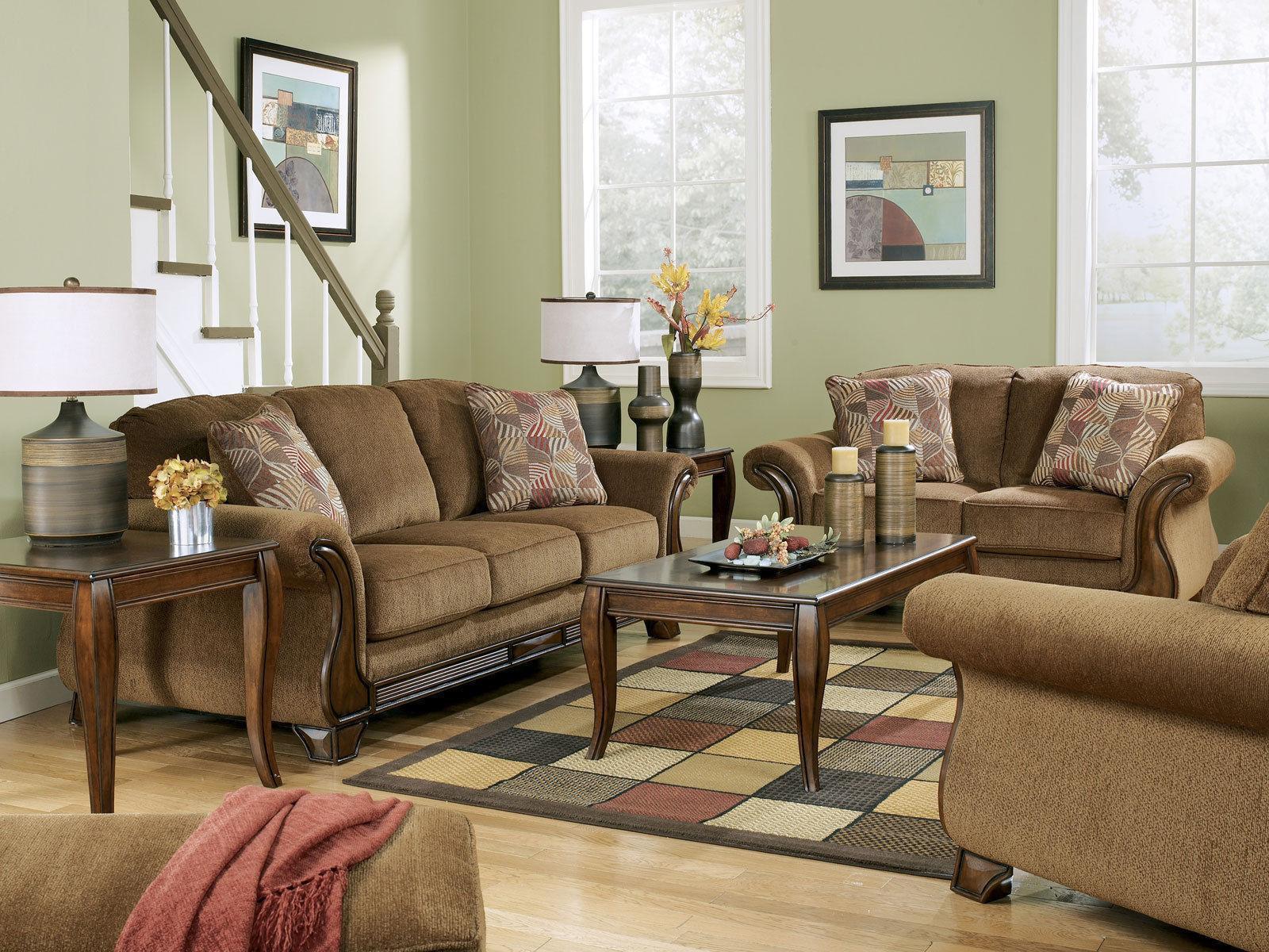 ROCKFORD Traditional Living Room Brown Wood Trim & Microfiber Sofa ...