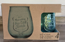 21oz Retroware Set Of 4 Aqua Blue Embossed Stemless Wine Glasses NIB Glassware - $25.96