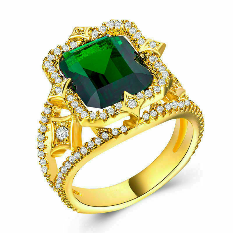 3Ct Emerald Cut Green Emerald Diamond Engagement Ring 14K Yellow Gold