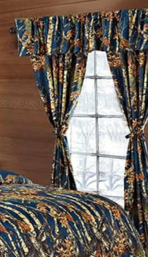 5 PIECE NAVY BLUE CAMO CURTAINS WOODS CAMOUFLAGE SET WINDOW JEANS SEALS FOOTBALL - $24.15