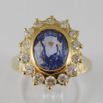 18K Yellow Gold Band Flower Ring With Diamonds And Blue Topaz, Made In Italy - $2,545.00