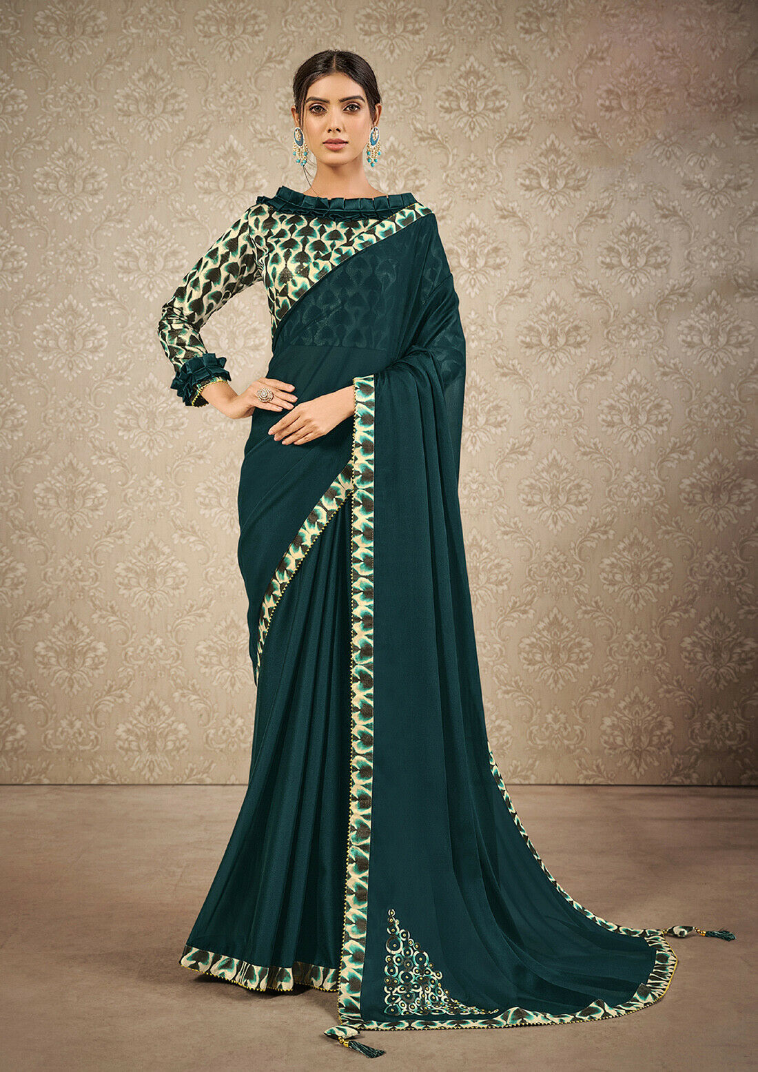 Designer Teal Green Batik Print Work Sari Silk Georgette Wedding Wear Saree