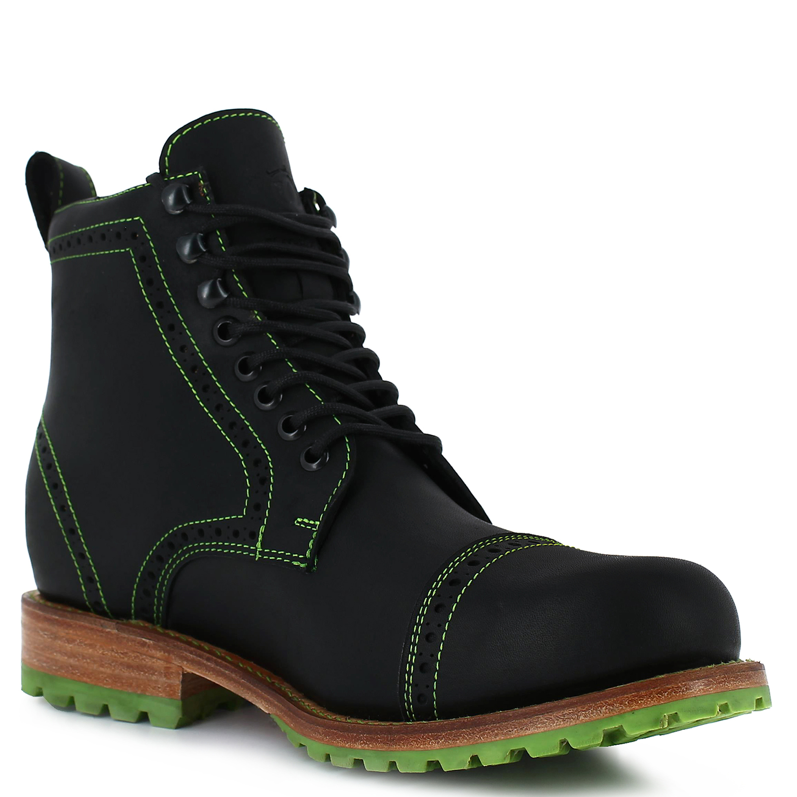 Men's Greysolander Black Goodyear Welt Leather LaceUp Green Sole Dress