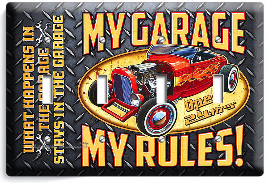 MY GARAGE RULES HOT ROD CAR 4 GANG LIGHT SWITCH WALL PLATES ROOM MAN CAVE DECOR