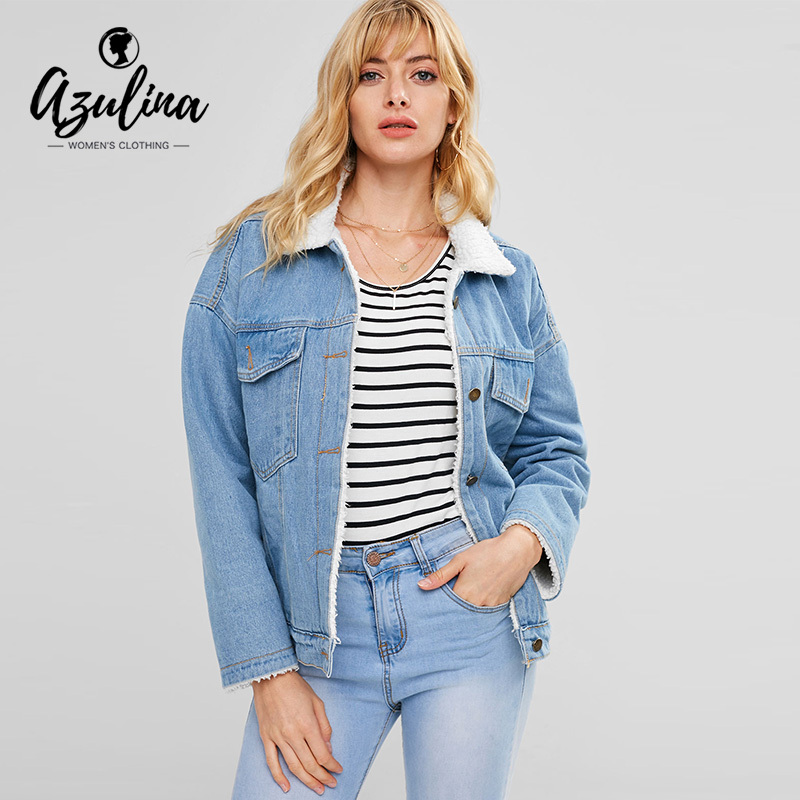 AZULINA Pocket Fleece Lined Jacket Drop Shoulder Denim Jacket Women