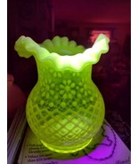  SNOWFLAKE crimped top Opalescent Vaseline Glass Vase Uranium glass  - $96.00