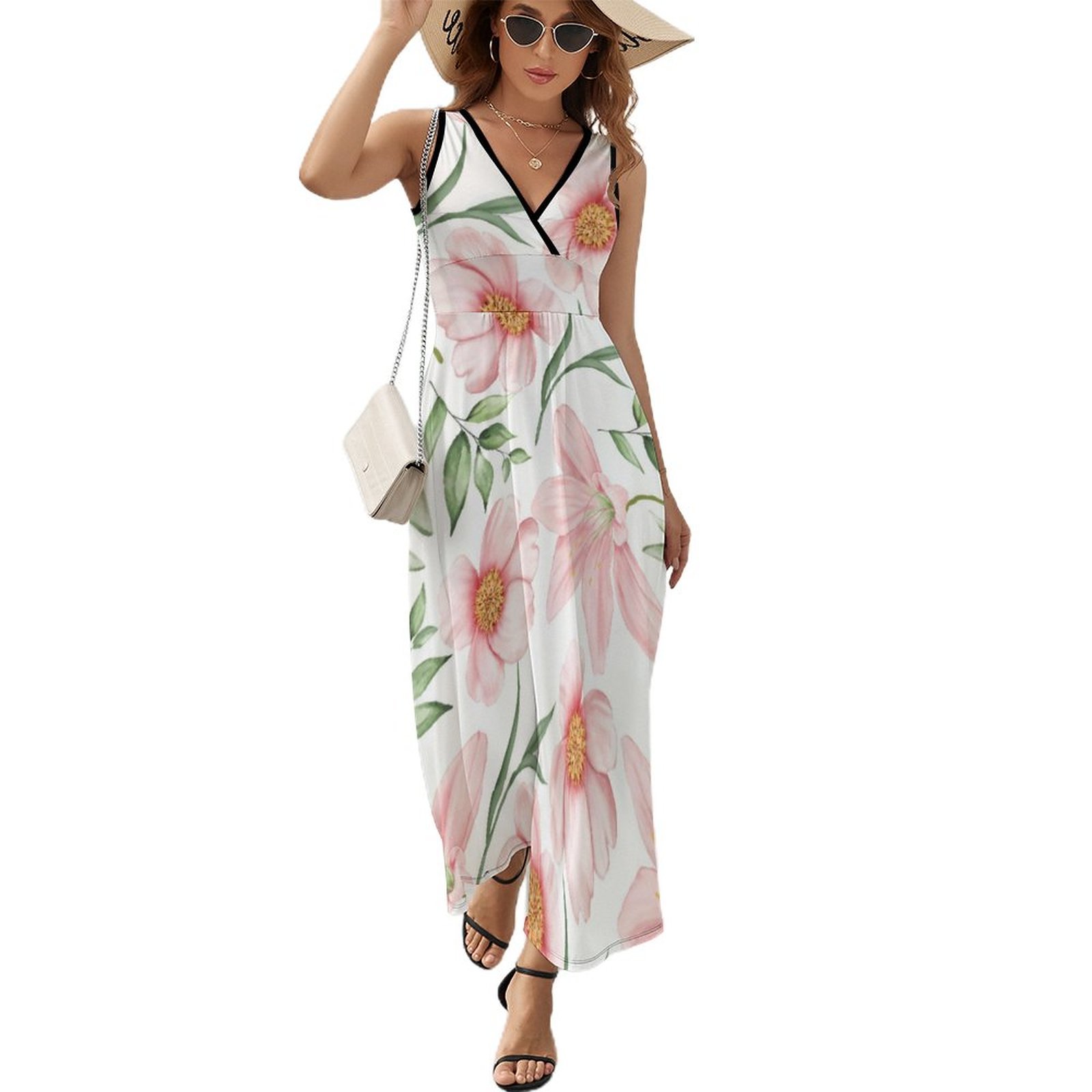 Mondxflaur Pink Flowers Summer Dresses for Women V-neck Sleeveless Long ...