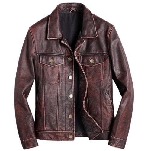 Men's Distressed Brown Trucker Genuine Leather Jacket with Multiple Front Pocket