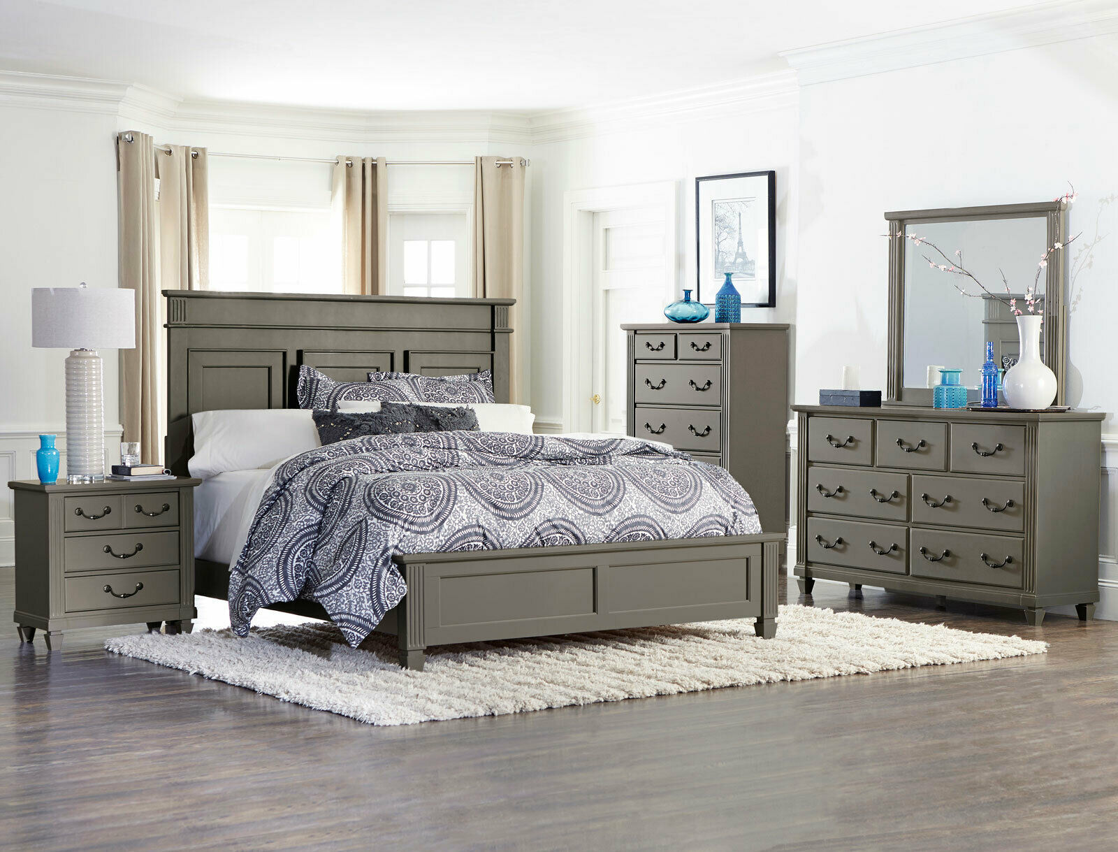 Traditional Gray Wood Master Bedroom Suite Furniture ...