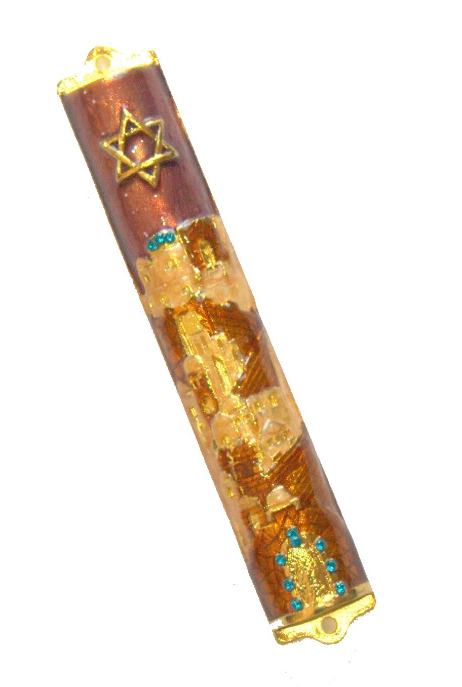 Judaica Mezuzah Case Jerusalem Gold Brown Enamel Decorated Blue Crystals 10 cm Mezuzahs