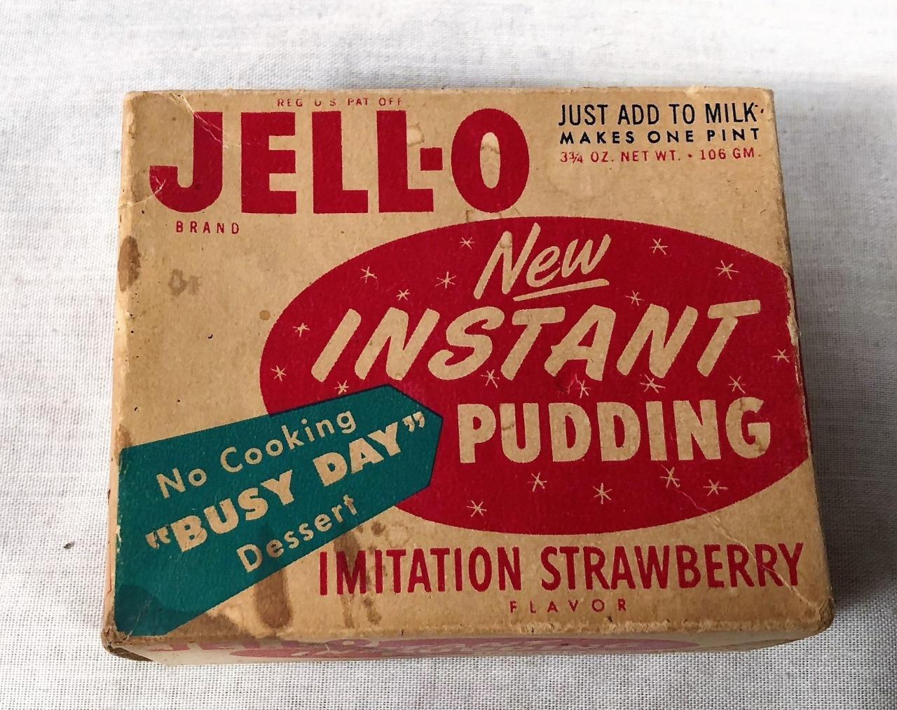 VINTAGE 1950S UNOPENED BOX NEW OLD STOCK JELLO JELLO STRAWBERRY INSTANT PUDDING Gelatin & JellO