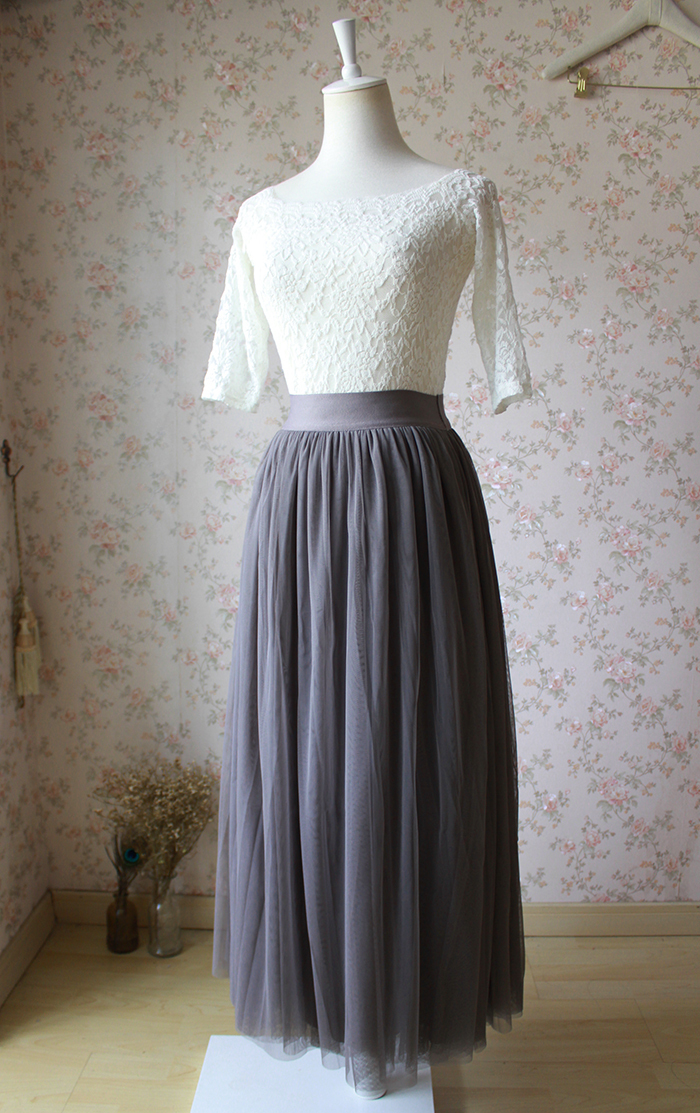 Dressromantic - Plus size gray full long tulle skirt,  adult gray wedding bridesmaid skirt