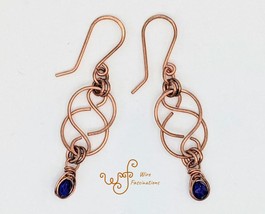 Handmade copper earrings: Celtic links herringbone wrapped faceted blue dangle - $21.00