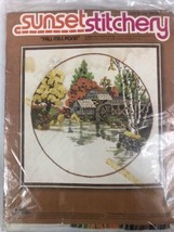 Sunset Stitchery Fall Mill Pond Crewel Embroidery Kit 1978 16 X 16 - $17.77