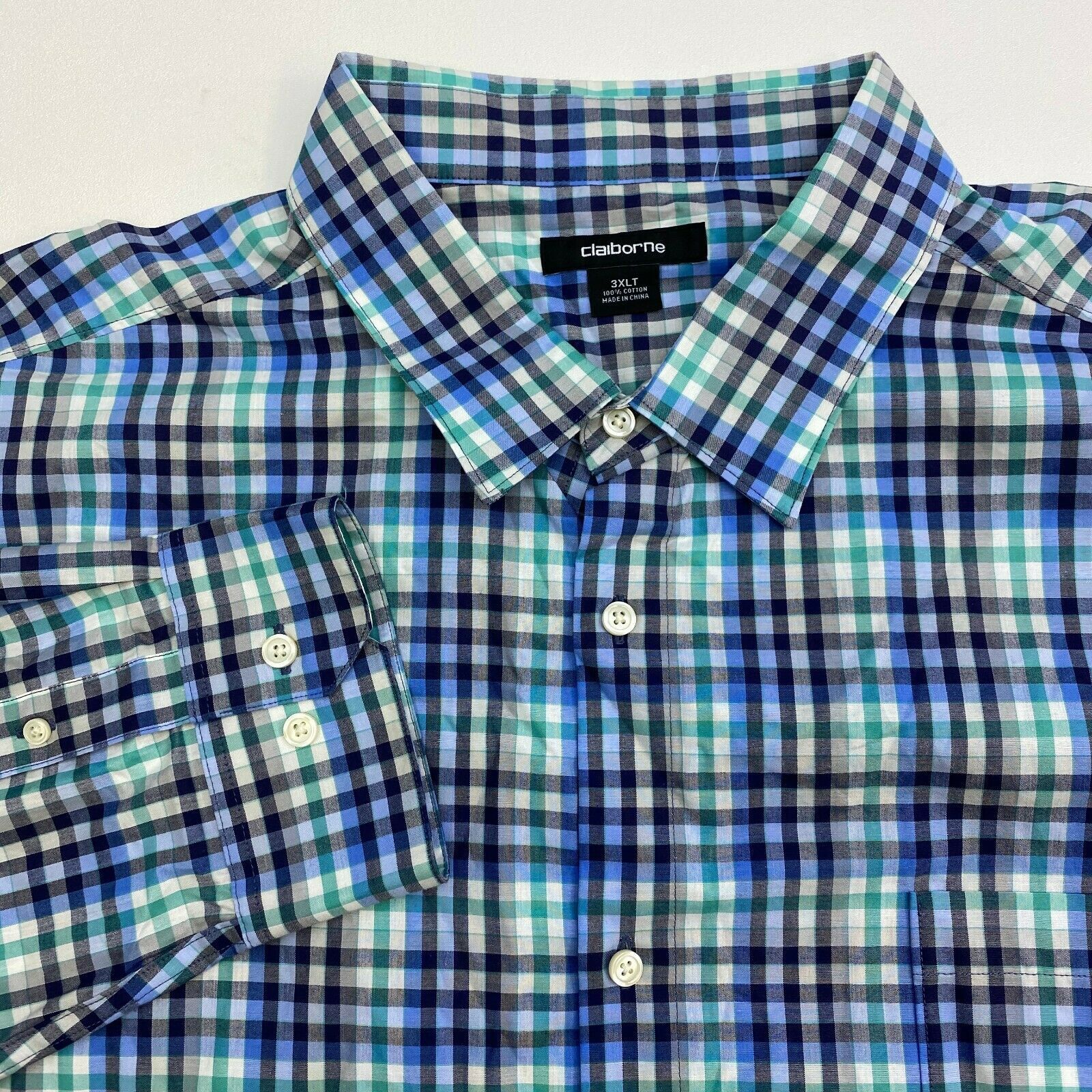 Claiborne Button Up Shirt Mens 3XLT Multicolor Plaid Long Sleeve Casual ...