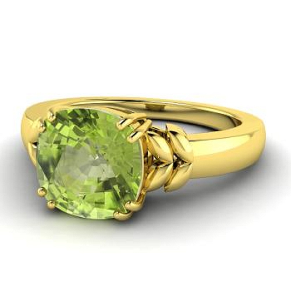 14K Yellow Gp Cushion Cut Green Peridot Stone Solitaire Engagement Wedding Ring