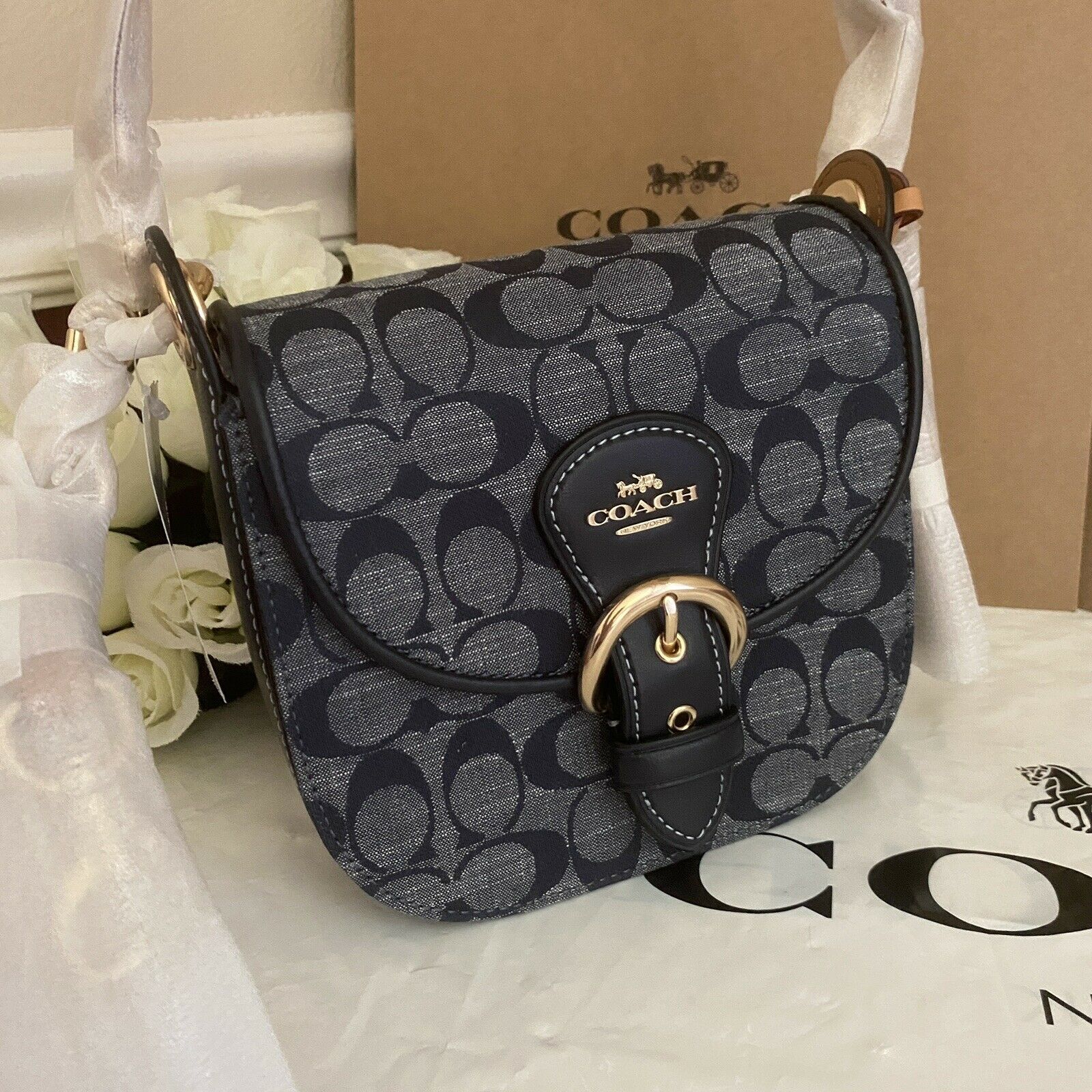 NWT Coach C8512 Kleo Shoulder Bag 17 In Signature Chambray & Leather