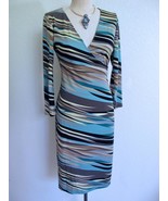 BCBG MaxAzria Stretch Dress S Surplice Wrap Blue Brown Stripe 3/4 Sleeve - $29.99
