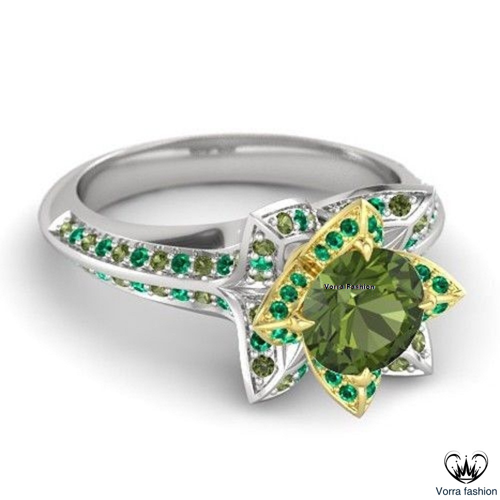 White Gold Plated Round Cut Green Peridot Disney Princess Tiana