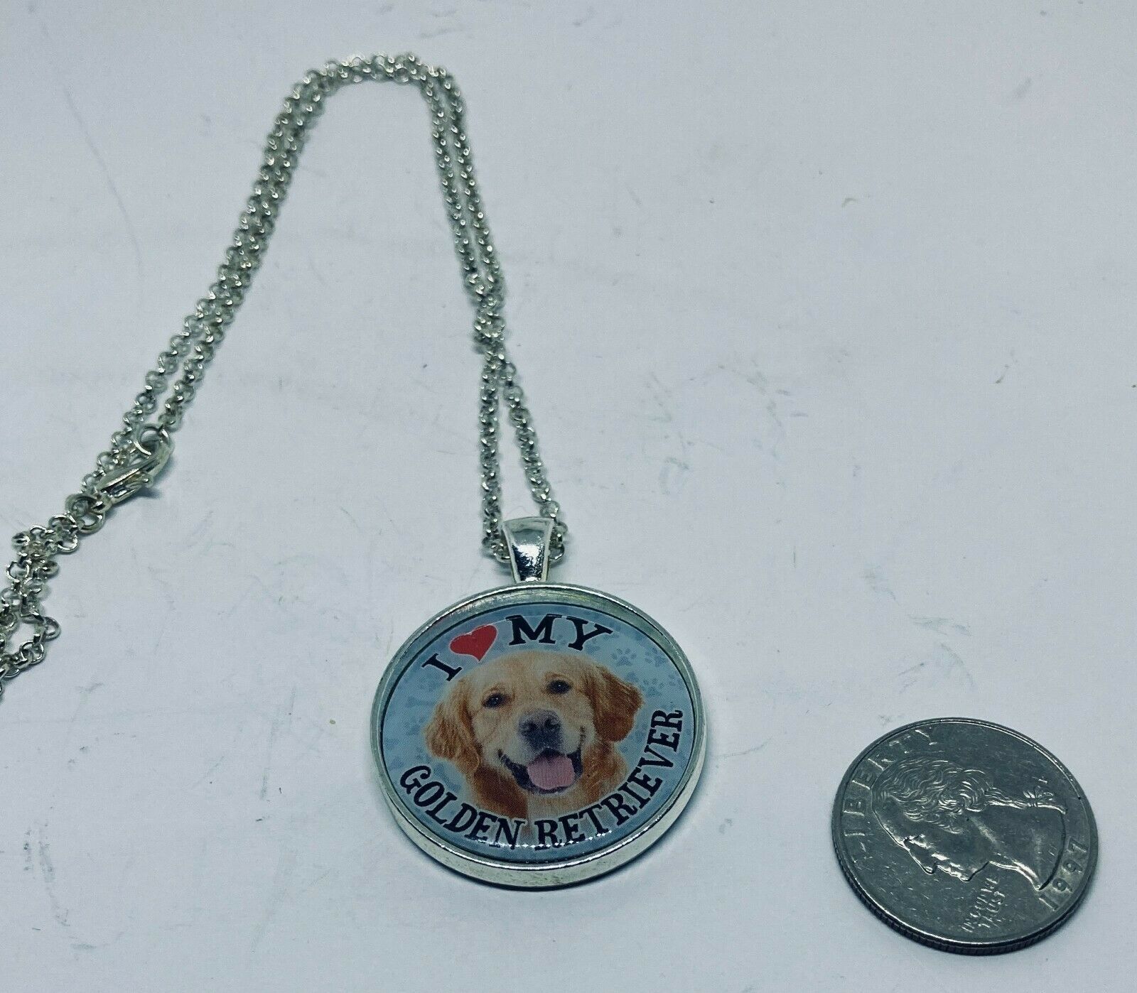 I Love My Golden Retriever 18 Shiny Silver Loop Necklace With Antique Bezel