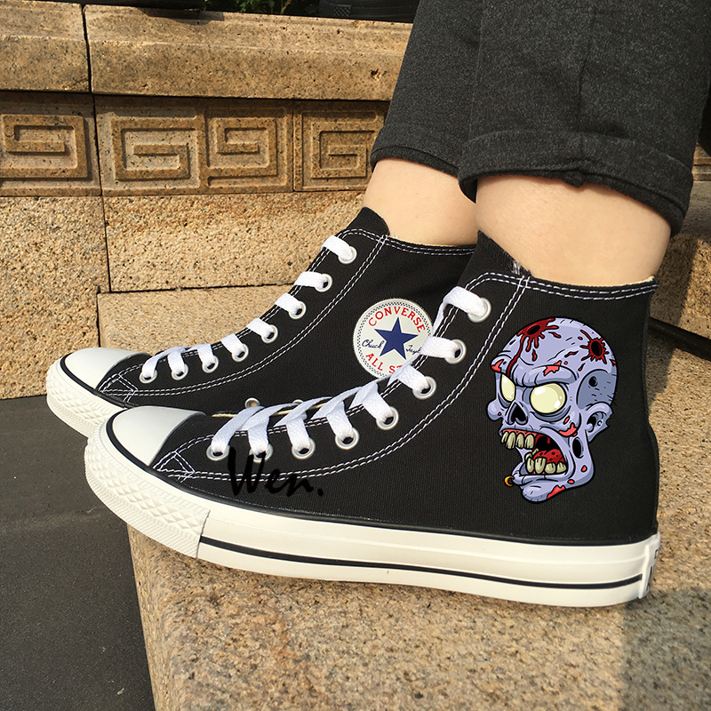 Zombie Skull Shoes Black Canvas Converse All Star High Chuck Taylor Sneakers