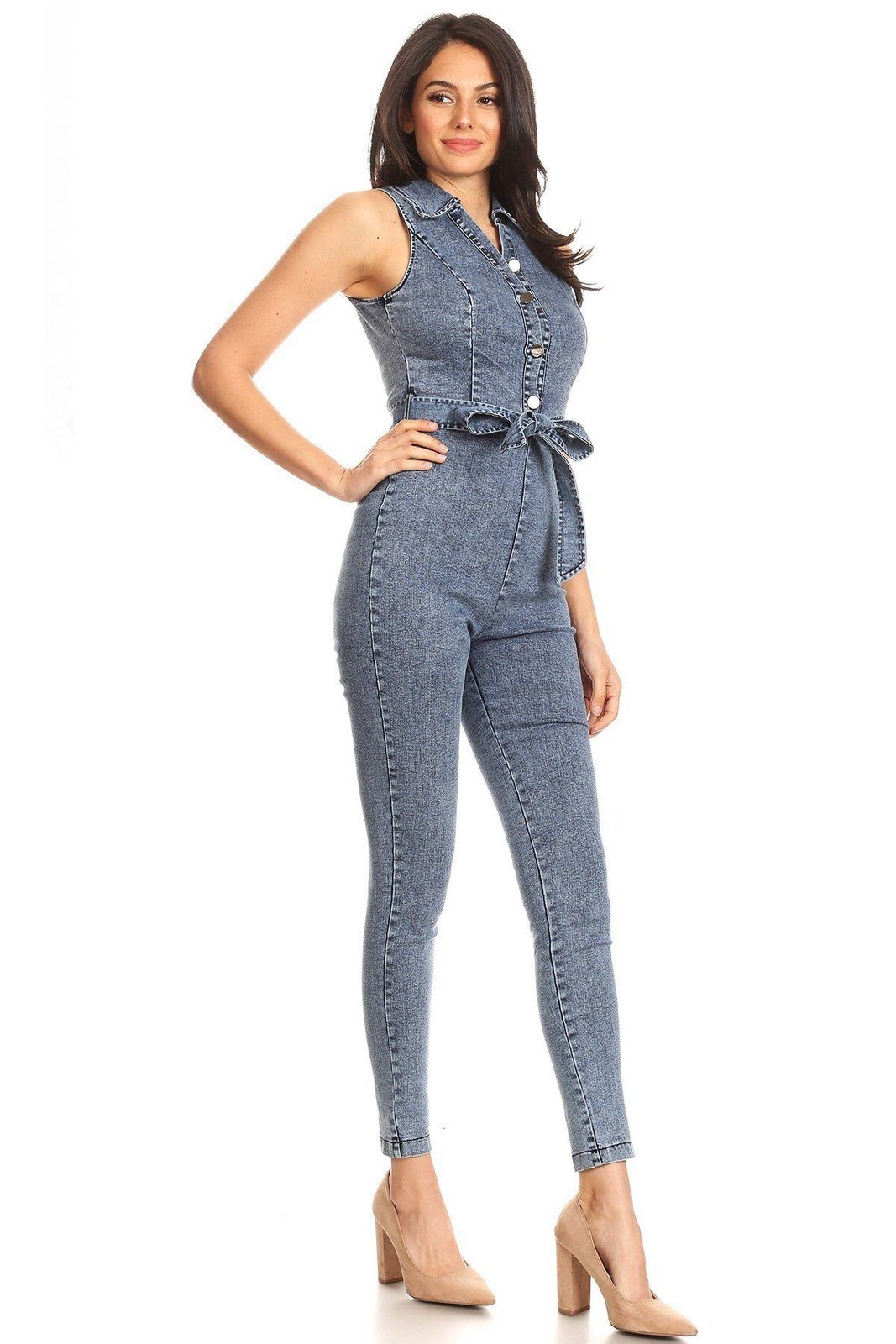 Fitted Denim Jumpsuit With Waist Tie, Button Down Detail, And Collar ...